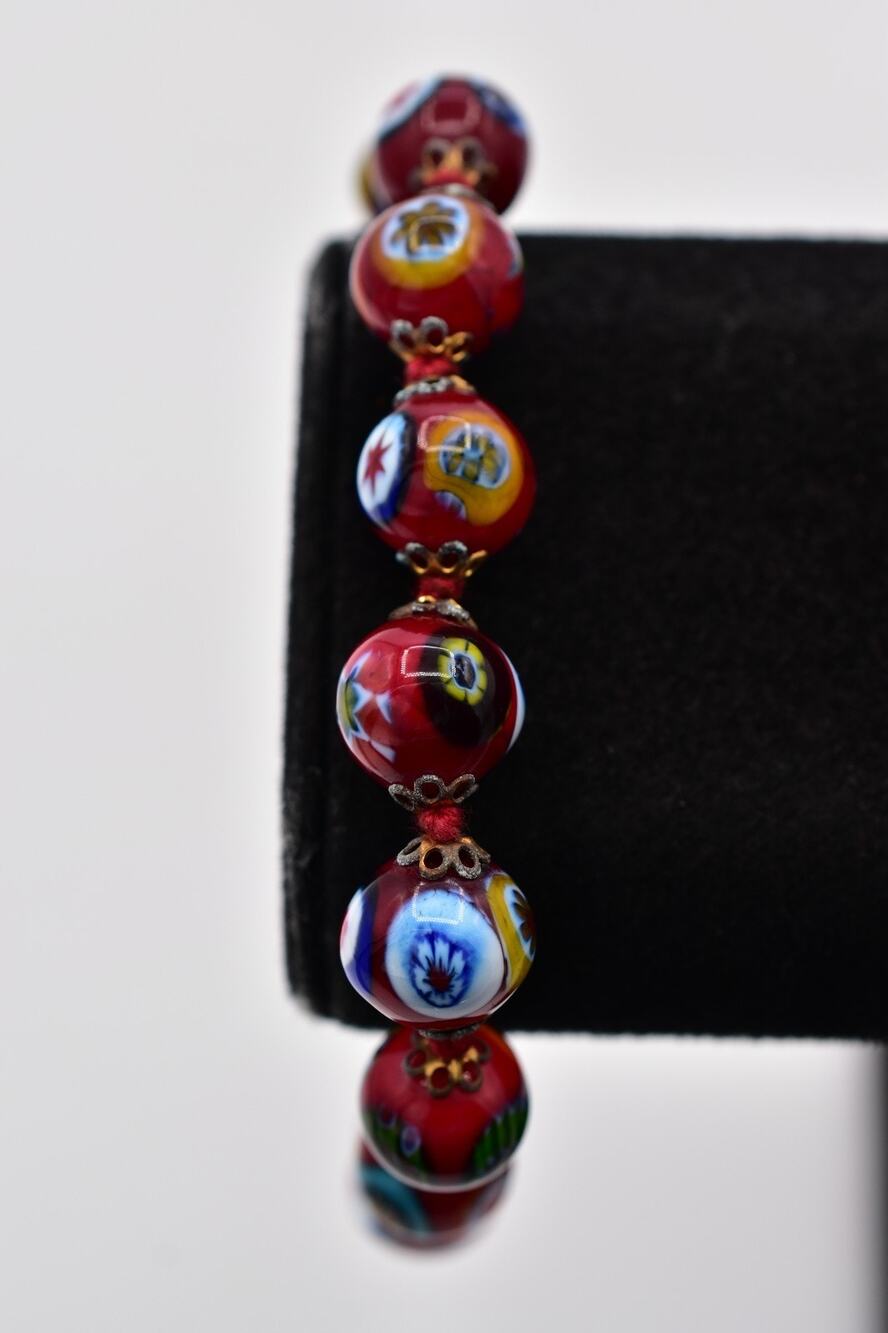 Vintage Red Millefiori Glass Bead Bracelet Gold Tone Floral 8” 1960s BinBR